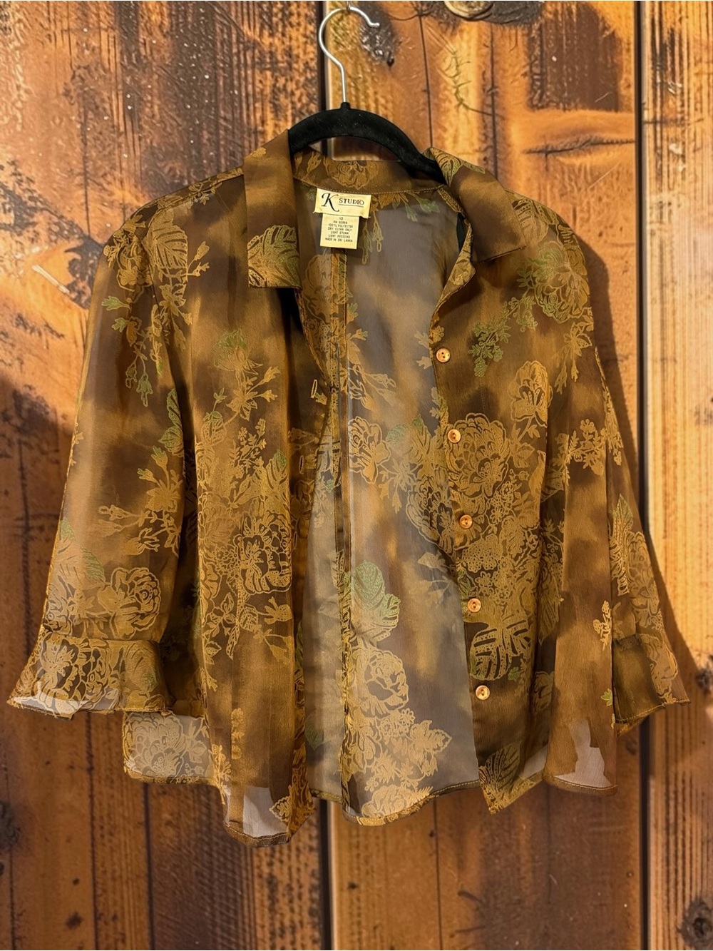K Studio Sheer Floral Chiffon Blouse Bell Sleeve Boho Button Up Sz 10